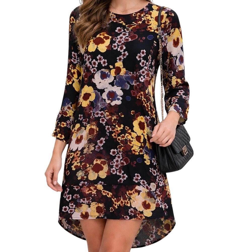 Topshop Floral Tunic Dress Size 8 Black Multicolor Long Sleeve Hi-Low Shift